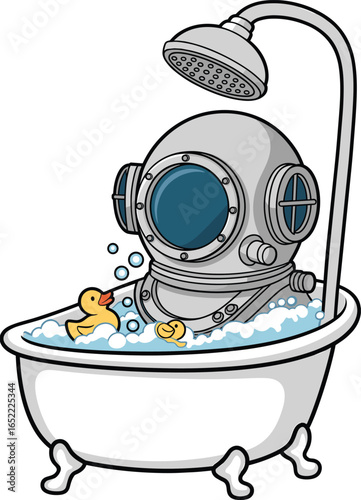 Cartoon character in vintage diving helmet sitting in clawfoot bathtub with bubbles and rubber ducks, whimsical underwater bath scene