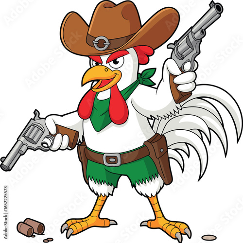 Cartoon cowboy rooster, brown hat, green bandana, revolvers, bullet casings, white feathers, red comb, humorous character, western outfit, farm animal