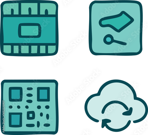 Four HandDrawn Icons Representing Technology and Data.