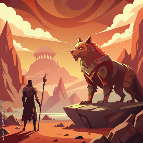 Epic Fantasy Landscape with Warrior and Giant Wolf