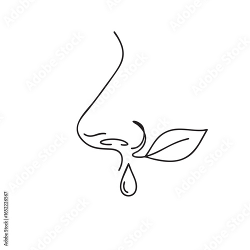 Conceptual Minimalist Line Art Illustration of a Human Nose with a Leaf and Water Droplet in Black and White