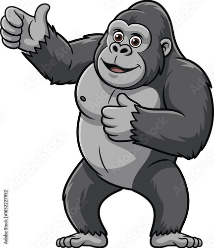 Cartoon gorilla standing upright with muscular build, dark fur, lighter chest, giving double thumbs-up gesture, friendly and detailed character