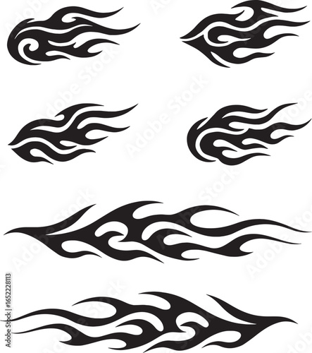 Set of Fire Flame Tribal Style – Vector Collection of Hot Flame Tattoo Designs for Motorcycle, Racing, and Decorative Art