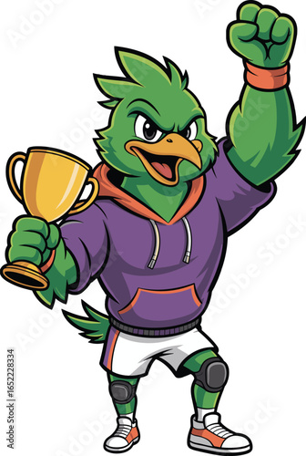 Cartoon green bird, purple hoodie, trophy in hand, raised fist, sports victory, energetic pose, sneakers, celebration, knee pads, wristband