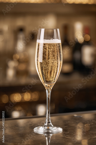 Sparkling champagne flute with bubbles on bar glass drink