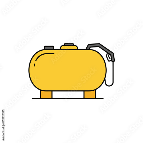 Yellow fuel tank illustration with filling nozzle on white backdrop, concept for oil storage, transportation, and petrol station