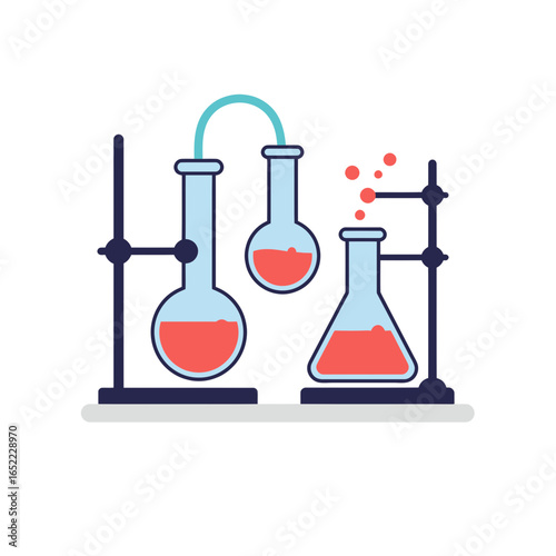 Laboratory glassware with red liquid in scientific arrangement on white backdrop, concept for scientific research, chemical experiment and educational demonstration