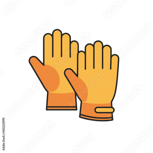 Pair of orange and yellow rubber gloves with black outlines, concept for household chores, gardening protection and cleaning equipment