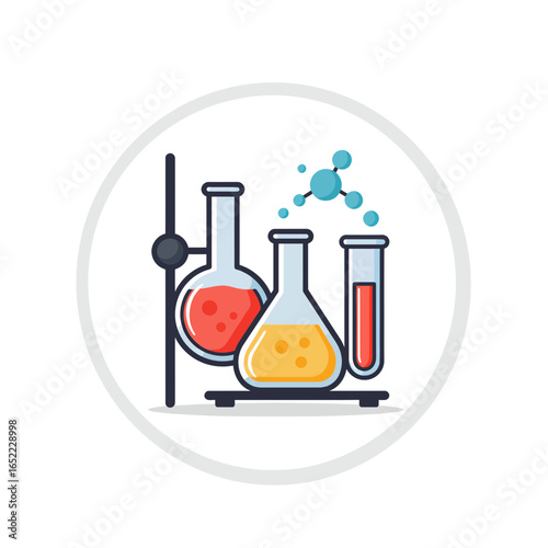 Illustration of laboratory glassware with colorful liquids and a molecule on a white background, concept for scientific research, chemical analysis and pharmaceutical development