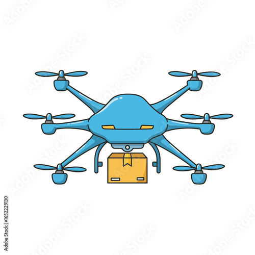 Blue drone carrying a brown cardboard box isolated on white background, concept for logistics illustration, air delivery service and unmanned aerial vehicle technology