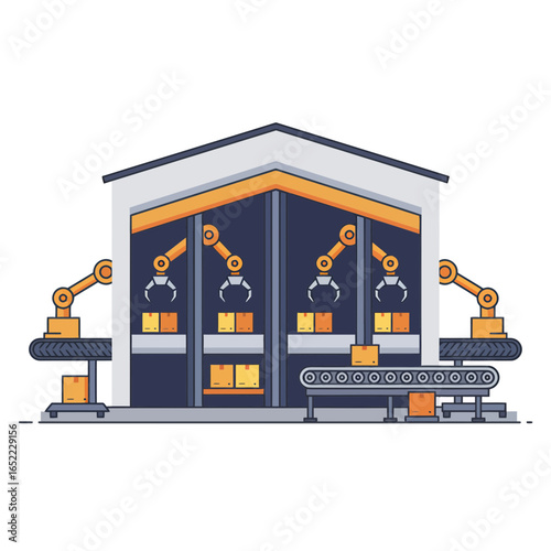 Automated factory assembly line with robotic arms processing cardboard boxes on conveyor belts, concept for industrial automation, distribution logistics and efficient manufacturing