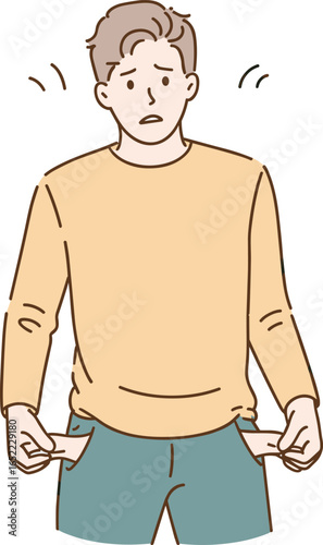 Cartoon person showing empty pockets, financial struggle, worried expression, broke concept, no money, vector illustration, economic hardship