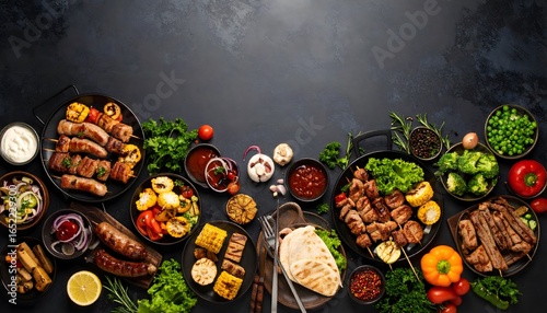 Grilled Meat Skewers and Vegetables on Dark Background, Overhead View