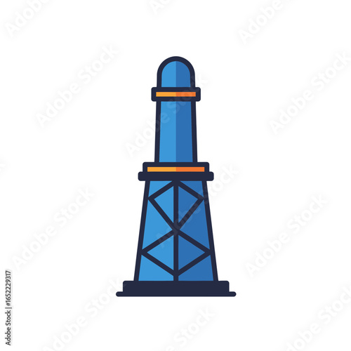Blue oil rig illustration with yellow accents on a white backdrop, concept for energy production, industrial applications and petroleum exploration
