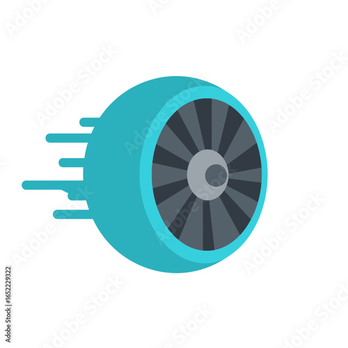 Blue jet engine with speed trails showing rapid movement and turbine detail, concept for aviation industry, transportation symbol and aerospace design