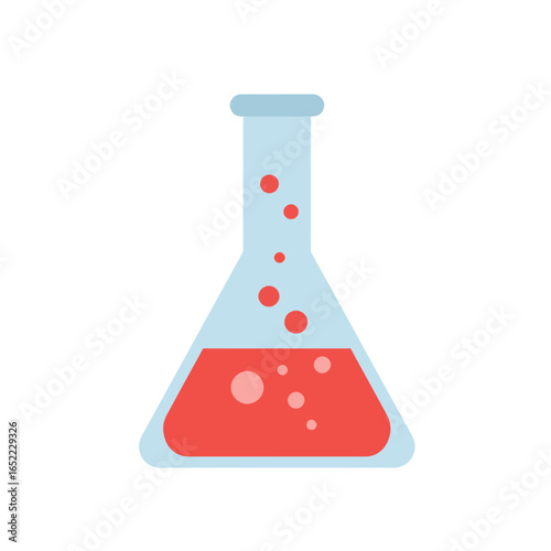 A conical flask filled with red liquid and bubbles on white backdrop, concept for chemical research, pharmaceutical investigation and laboratory analysis