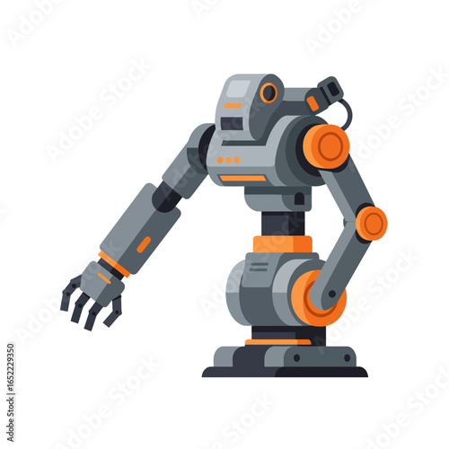 Grey robotic arm illustration with orange accents isolated on white backdrop, concept for industrial automation, advanced manufacturing and futuristic technology