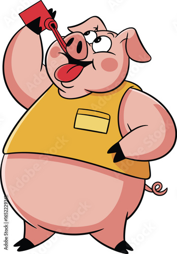 Cartoon pig drinking from red cup, yellow sleeveless shirt, curly tail, black hooves, cheerful expression, playful farm animal character