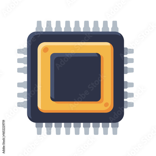 Microchip with visible pins and gold square details on an isolated white background, concept for circuit design, electronic equipment and computing technology