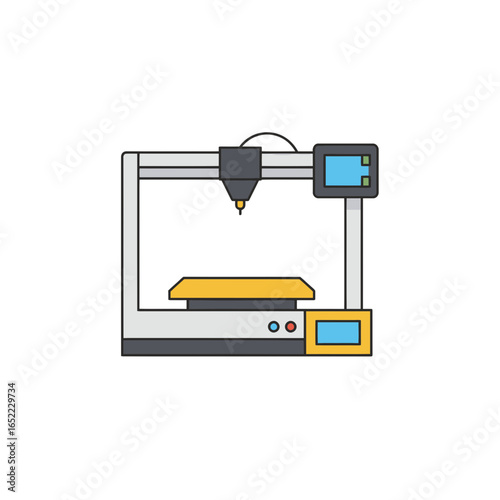 Colorful cartoon 3D printer on white background displaying a simple design, concept for rapid prototyping, product development and manufacturing innovation