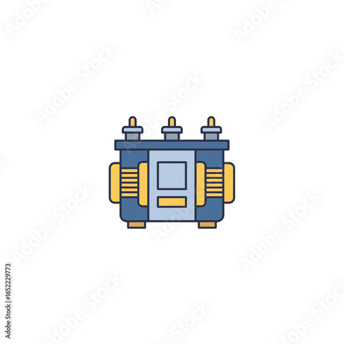 Blue electrical transformer unit with yellow accents isolated on white background, concept for energy distribution, power grid infrastructure and voltage conversion