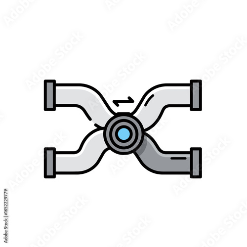 X-shaped pipeline junction with a central valve and arrow indicating flow direction, concept for plumbing solutions, industrial engineering and hydraulic systems