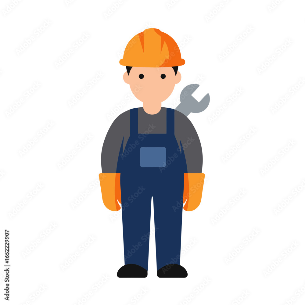 Cartoon illustration of a construction worker with hardhat holding a wrench on his shoulder. Concept for maintenance, construction and repair Cartoon illustration of a construction worker with hardhat holding a wrench on his shoulder. Concept for maintenance, construction and repair