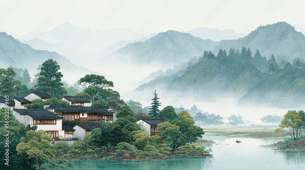 Obraz premium A serene scene of traditional Chinese houses by a misty river, surrounded by lush green hills and trees, creating a peaceful natural landscape.