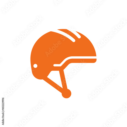 Minimalist orange bicycle helmet icon with white stripes and side vent illustration, concept for safety awareness, sports equipment promotion and accident prevention visuals