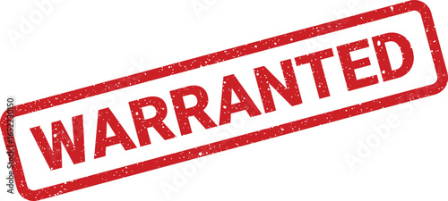 Red rubber stamp with the word WARRANTED in distressed lettering and a grainy texture