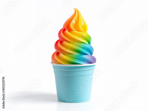 Swirled rainbow soft serve ice cream in a blue cup frozen dessert