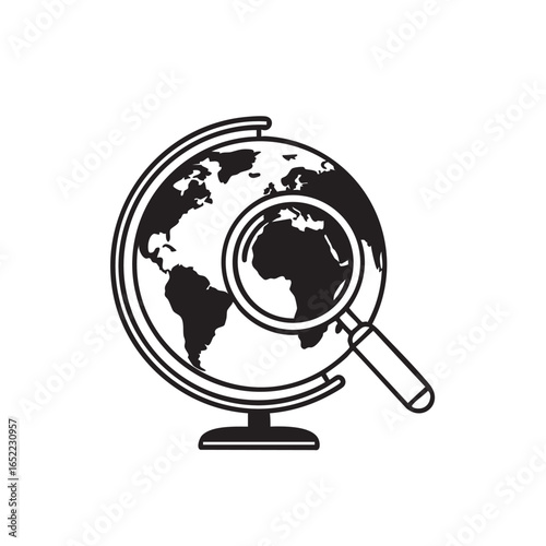 Globe and Magnifying Glass Illustration Depicting Exploration and Global Research on White Background