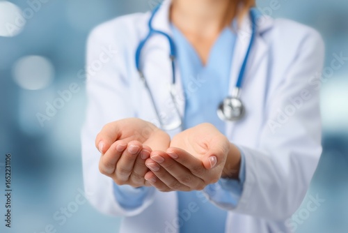doctor with stethoscope cupping her hand
