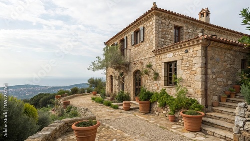 Charming exterior of old stone house in traditional Mediterranean style, with rustic garden terrace, rocky soil, Panoramic views of sea, gravel paths and surrounded by Terracotta herbs pots