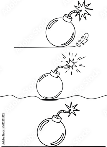 Cartoon Bomb Icons, Explosive Line Art Set with Burning Fuse.