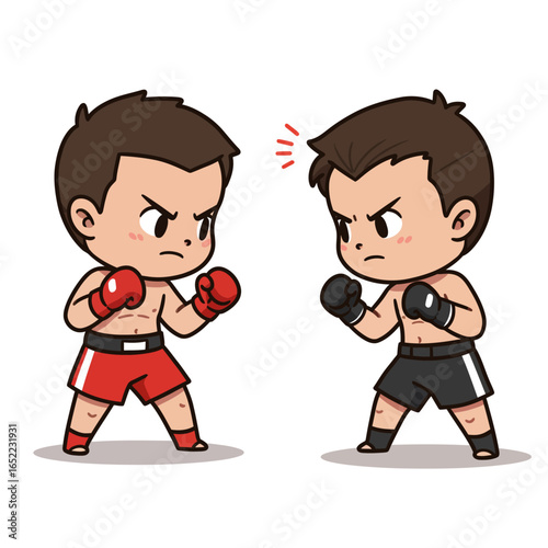Two determined cartoon boxers in red and black gloves face each other, ready for a match or intense confrontation.
