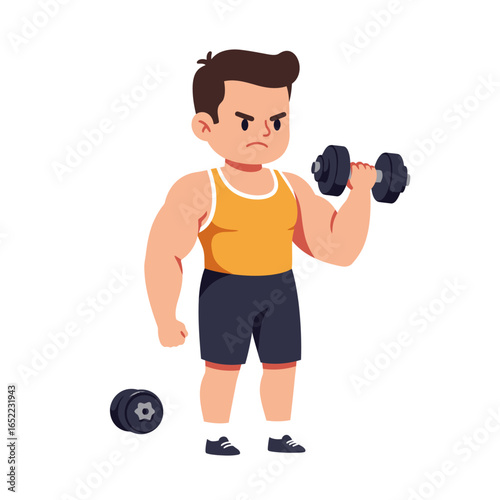 Cartoon illustration of a muscular man lifting a dumbbell with determination, another dumbbell rests on the floor.