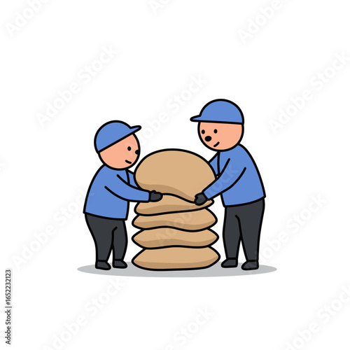 Two workers cooperatively lift and stack heavy sacks.