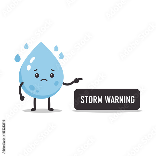 A cartoon water droplet character with a sad expression points towards a "Storm Warning" sign.