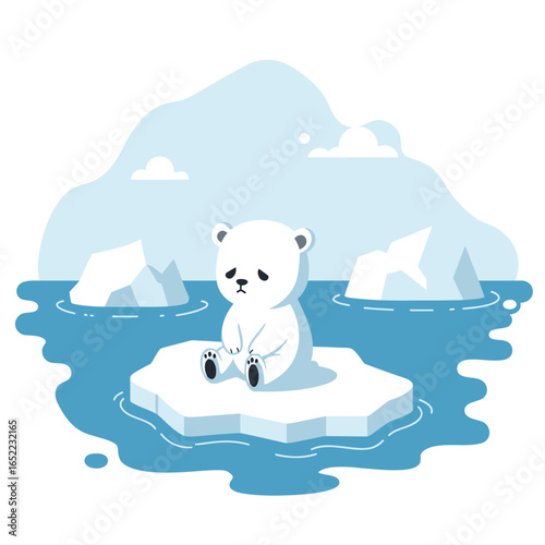 Sad polar bear sitting alone on a melting ice floe in the ocean.