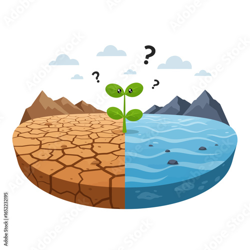 A cartoon depiction of a divided Earth, one side dry and cracked, the other with water, highlighting a small plant growing in the middle.