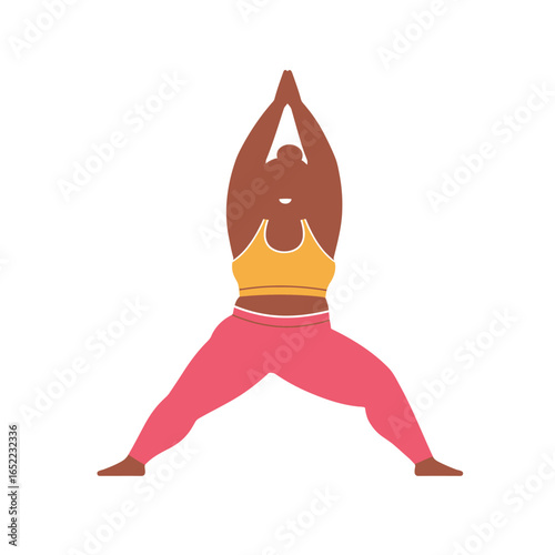 A flat illustration depicting a person with dark skin performing a yoga pose, standing with wide legs and hands pressed together above their head.