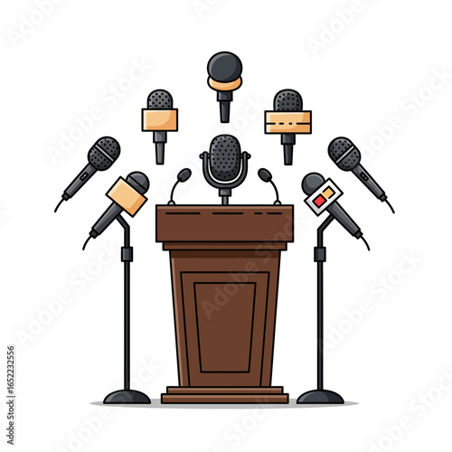 Press conference podium with multiple microphones, ready for news reporting.