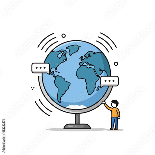 A cartoon person interacts with a large world globe, symbolizing global communication.