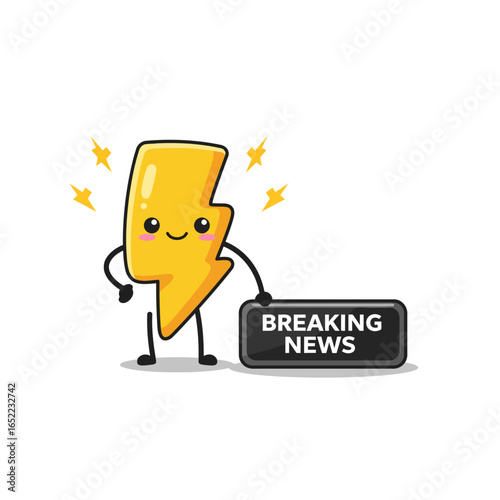 Cheerful lightning bolt cartoon character announces breaking news.
