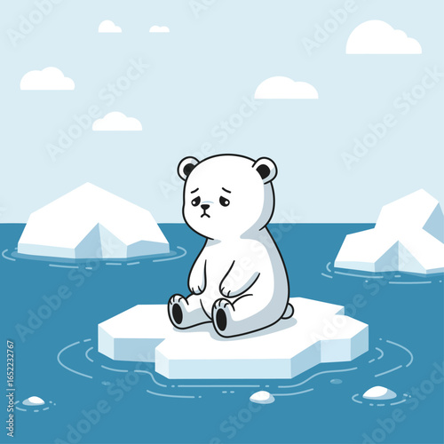 A sad cartoon polar bear sits alone on a small, melting ice floe in the middle of the ocean.