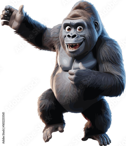 Realistic digital gorilla, muscular build, detailed fur texture, expressive stance, raised arm, standing pose, 3D render, wildlife character, strong anatomy