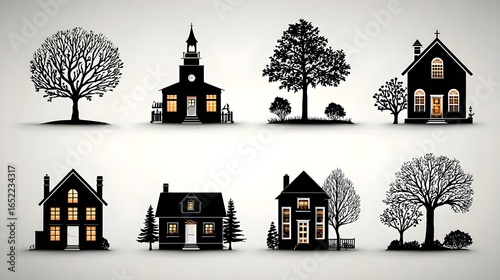 Real Estate and Property Glyph Icons – Black Exterior House Vector Design Pack