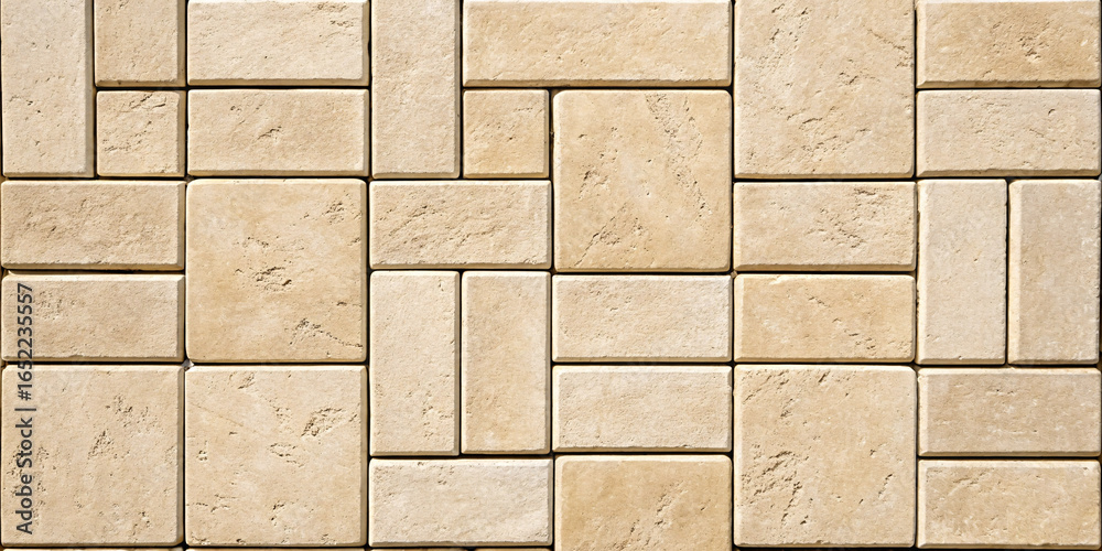 Naklejka premium Large format travertine tiles in creamy beige, rectangular shapes with filled holes and polished finish creating luxurious appearance