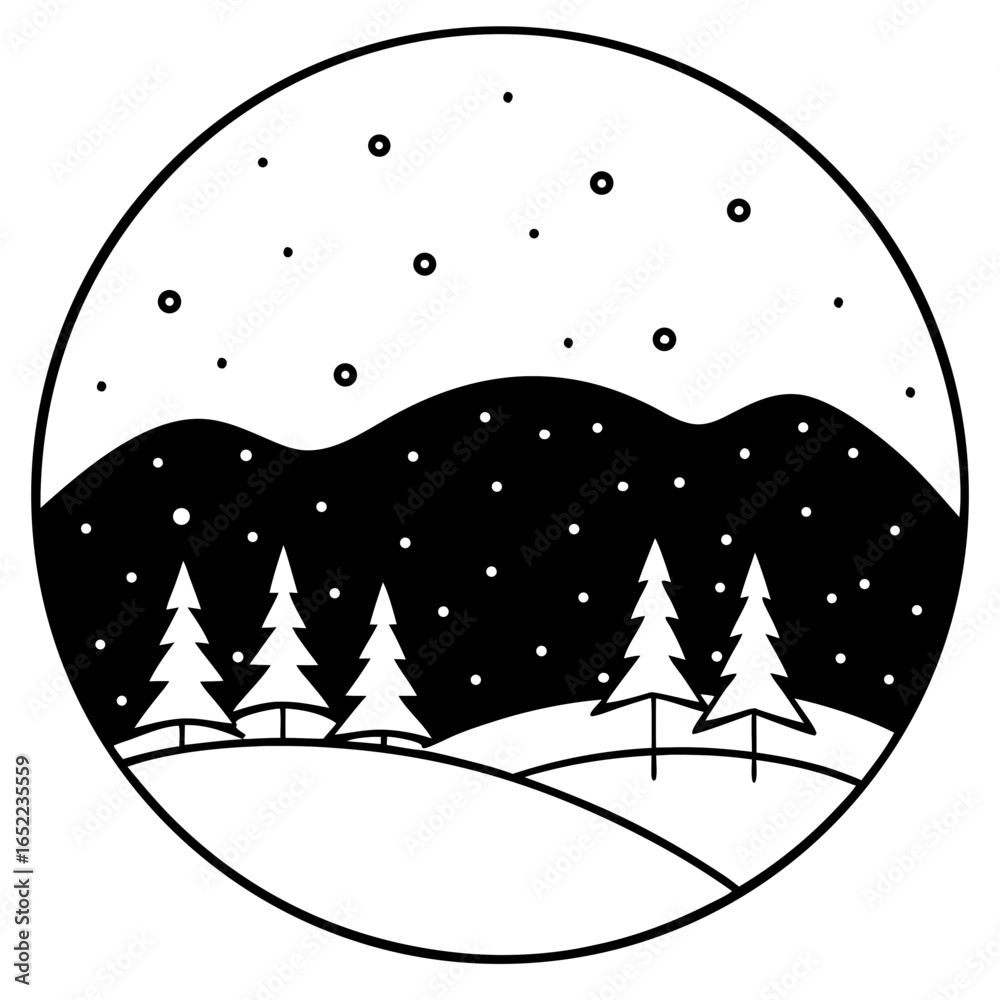 Naklejka premium Snowfall scene line art vector illustration